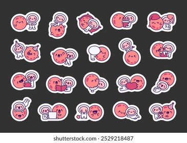 Couple astronaut and planet. Sticker Bookmark. Friendly space characters. Hand drawn style. Vector drawing. Collection of design elements.