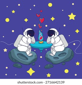 Astronautenpaare aus unterschiedlichen Hintergründen teilen intimes Abendessen inmitten von Sternen und Retro-Rakete