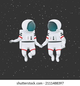 Couple of astronauts floating in space holding hands. Love, romance, relationship, friendship. Cartoon illustration. Sign, poster, badge, sticker design. Vector.