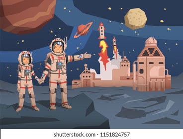 Couple of astronauts observing alien planet with space colony and launching starships on the background. Space travelling concept. Flat vector illustration. Horizontal.