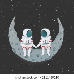 Un par de astronautas sentados en una luna creciente tomados de la mano. Amor, romance, relación, amistad. Ilustración de dibujos animados. Firma, afiche, insignia, diseño de pegatinas. Vector.