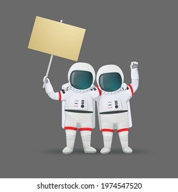 Couple of astronauts standing together with a placard and a raised fist. Demonstration, protest, activism illustration. Vector. Cartoon style.