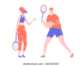 Couple of athletes tennis players. Man and woman. Vector characters isolated on white background.