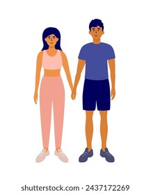 Couple of athletic people stand holding hands. Young man and woman joint training. Family weekend active leisure, sport play, physical activity together. Guy and girl gym workout vector illustration