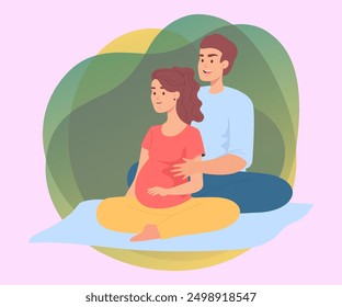 Pareja que asiste a un curso o clase sobre el parto. Mujer embarazada con el marido que se sienta en la Ilustración vectorial de piso. Embarazo, familia, concepto de parto para el Anuncio o el Diseño web