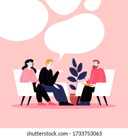 A couple attending a therapy session with a male mental specialist. Family psychotherapy session. Conversation with a psychologist. Speech bubbles