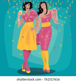 Couple of attractive young girls in bright dresses welcome and raise their glasses. Beautiful woman toasting. Invitation concept. Simplistic realistic cartoon art style. Vector illustration