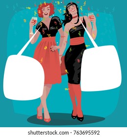 Couple of attractive young girls in bright dresses welcome and raise their glasses. Template with bubble for text. Simplistic realistic cartoon art style. Vector illustration