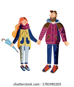 Couple in autumn clothes. Romantic man holding hand woman isolated persons. Family wear warm jacket or coat, scarf, umbrella. Change of year seasonal concept. Vector character illustration