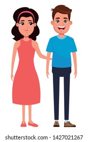 couple avatar brunette man smiling and brunette woman wearing bandana and dress profile picture cartoon character portrait vector illustration graphic design