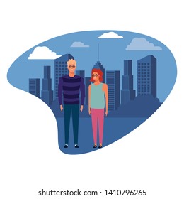 couple avatar cartoon character redhead and blond with glasses cityscape vector illustration graphic design