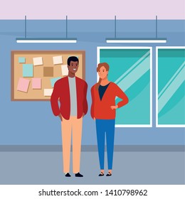 Couple avatar cartoon characters.  Afro American guy and brunette girl indoor in office background.  Vector illustration graphic design