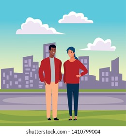 Couple avatar cartoon characters. Afro American guy and blue hair girl outdoors in street with cityscape.  Vector illustration graphic design.
