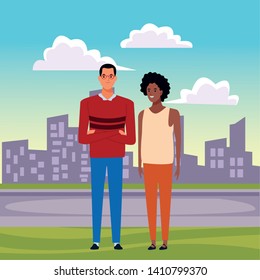 couple avatar cartoon characters. Afro American girl and wearing glasses outdoor in street with cityscape.  Vector illustration graphic design