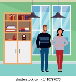 Couple avatar cartoon characters. A bearded man and dark haired girl indoor in house background.  Vector illustration graphic design