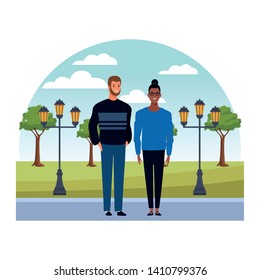 Couple avatar cartoon characters. Bearded man and Afro Aamerican girl outdoor in the park landscape.  Vector illustration graphic design