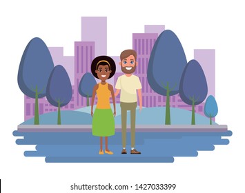 couple avatar man with beard and afroamerican woman wearing bandana profile picture cartoon character portrait outdoor