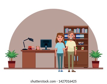 couple avatar man with beard and brunette woman profile picture cartoon character portrait indoor with hanging lamps, bookshelf and computer desk vector illustration graphic design