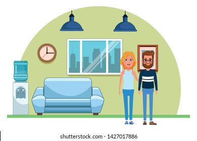 couple avatar man with beard and glasses and blonde woman profile picture cartoon character portrait indoor with couch, hanging lamps, window, water dispenser, and clock vector illustration graphic