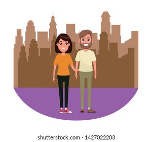 couple avatar man with beard and woman with short hair profile picture cartoon character portrait skyscraper colorful silhouette cityscape vector illustration graphic design