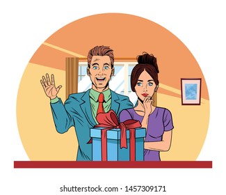 couple avatar woman with hand in the chin profile picture cartoon character portrait with colorful house background with