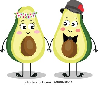 Couple of avocado character mascot in love
