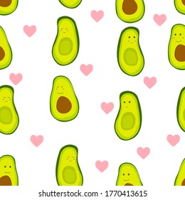 Couple avocado in love, cute cartoon illustration . Two avocado halves with heart, St. Valentine's day greeting seamless pattern. Vector stock kawaii illustration on whie background