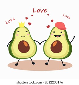 A couple of avocados in love hold hands. The illustration contains the inscription Love and red hearts. Vector illustration.