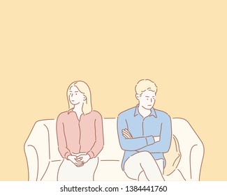 Couple avoid looking at each other after serious fight, man and woman not talking sit separately having disagreement. Hand drawn style vector design illustrations.