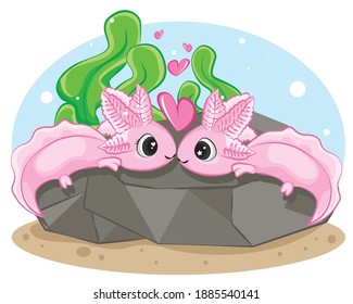 Couple Axolotl (Ambystoma mexicanum). Valentines day card.