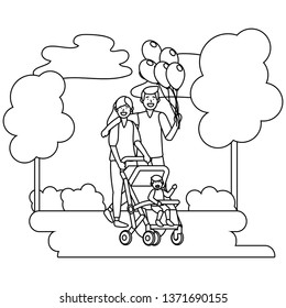 couple with baby carriage black and white