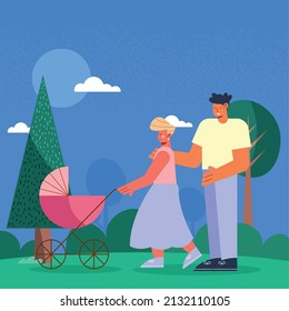 couple and baby cart characters