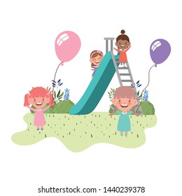 couple baby in park of play with slide and helium balloon