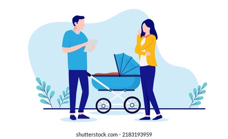 Planificación de la pareja para el bebé - Hombre y mujer pensando en formar una familia, contemplando frente al bebé paro. Ilustración vectorial de diseño plano con fondo blanco