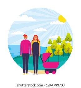 couple with baby pram in the landscape