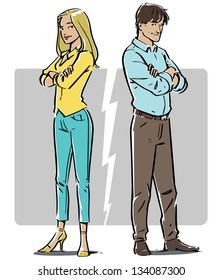 Couple back to back, with arms crossed having a disagreement, The grey box that work as a background and the white lightning in the grey box can easily be removed to work in a different layout.