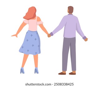 Couple back, boy and girl holding hands and walking. Vector flat cartoon character, isolated boyfriend and girlfriend on date strolling. Beloved man and woman expressing love and affection