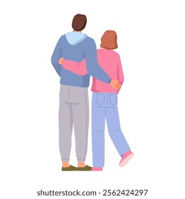 Couple back hugging, isolated man and woman cuddling and walking. Vector flat cartoon characters on date, boyfriend and girlfriend view from behind. Friends or beloved personages strolling