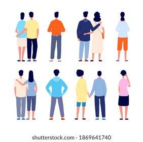 Couple back. Love behavior, isolated couples holding hands and walking. Flat people together backside view, romance walk vector characters