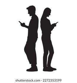 Couple back to back texting on mobiles vector silhouette.