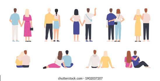 Couple back view. Couples hugging, standing and sitting together, holding hands. Man and woman on date. Young people relationship vector set. Illustration couple young standing back together