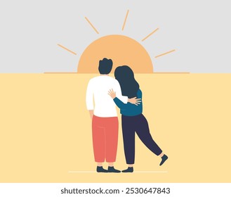 Couple in back view hugging and looking forward to the sunset. Romantic man and woman embracing each other. Concept of love, friendship, family support and relationship. Vector illustration