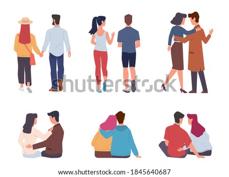 Couple back view. Men and women pairs sitting, walking and running together, holding hands on date, romantic relationships valentines or wedding card design objects, in love vector isolated characters