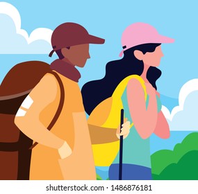 couple with backpack hiking wanderlust