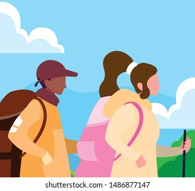 couple with backpack hiking wanderlust