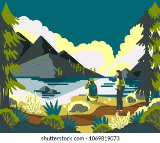 Couple backpackers hiking in mountain landscape and enjoying valley view. Vector illustration 