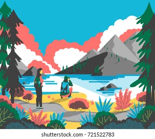 Couple backpackers hiking in mountain landscape and enjoying valley view. Vector illustration