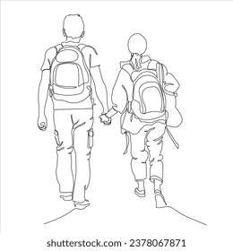 Couple with backpacks holding hands and walking away. Tourism concept. Back view. Single line drawing. Black and white vector illustration in line art style.