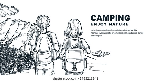 Couple with backpacks on mountains background. Summer outdoor camp horizontal banner, poster design template. Man and woman travel adventures vector hand drawn sketch illustration