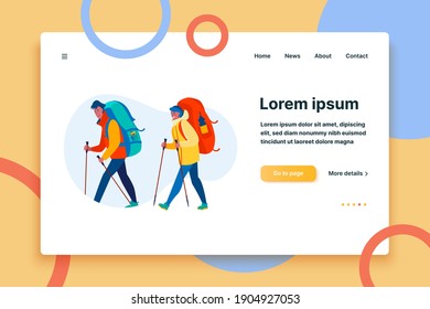 Couple with backpacks practicing trekking. Couple of campers walking with poles outdoors flat vector illustration. Adventure travel, activity concept for banner, website design or landing web page